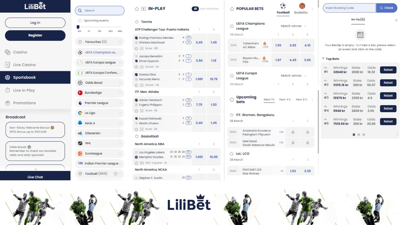 LiliBet sports betting markets and bet slip
