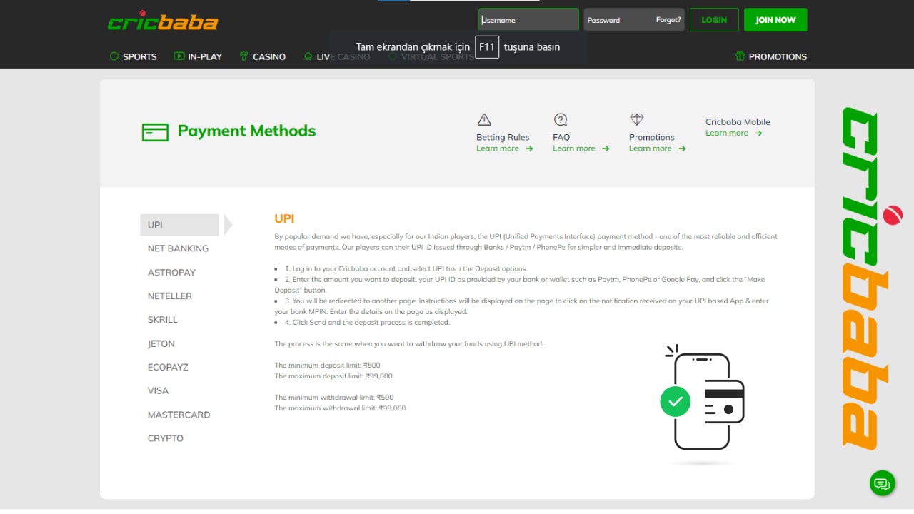 Cricbaba payment methods